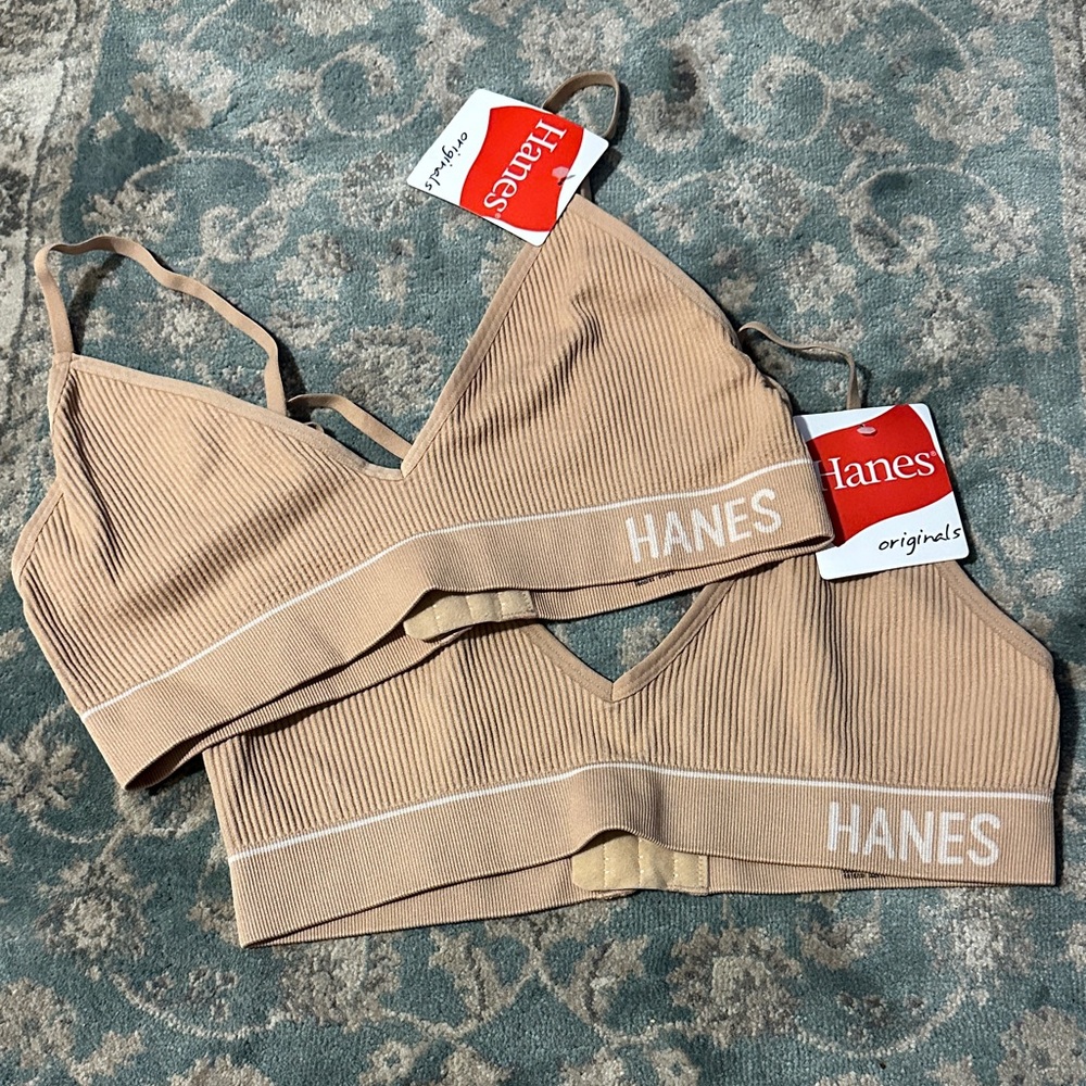 Hanes Women’s Ribbed Wireless Bralettes - Nude Beige (Set of 2) large nwt